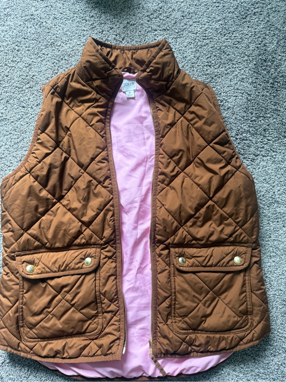 J. Crew Quilted Brown Puffer Vest with Pink Lining